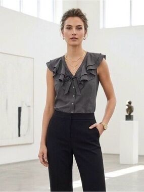 Banana Republic Gray Ruffle V-Neck Buttondown Sleeveless Blouse - Size Small
